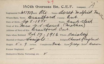 Wilfred Maitland Acret Enlistment Card 160th Bruce Battalion